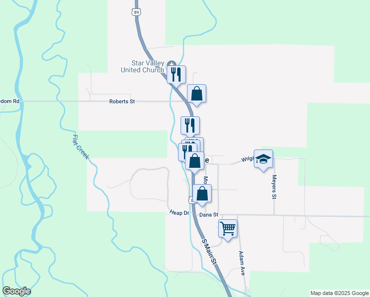 map of restaurants, bars, coffee shops, grocery stores, and more near 285 North Main Street in Thayne