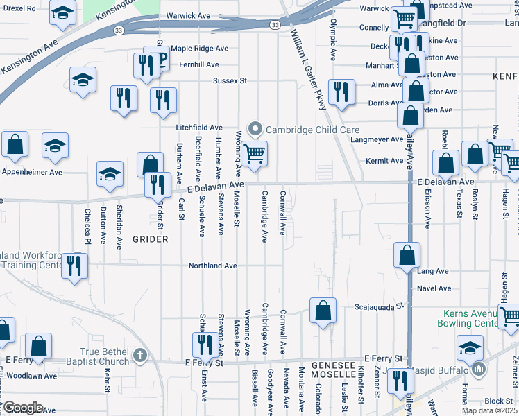 map of restaurants, bars, coffee shops, grocery stores, and more near 235 Wyoming Avenue in Buffalo