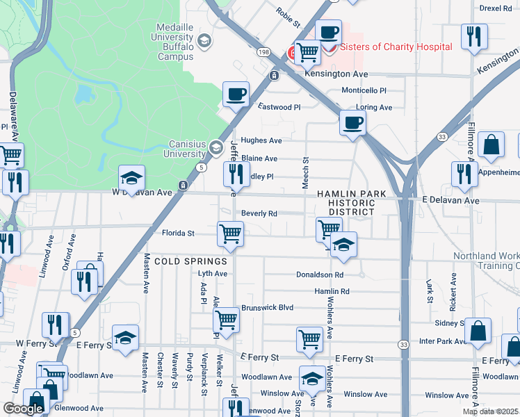 map of restaurants, bars, coffee shops, grocery stores, and more near 51 Beverly Road in Buffalo