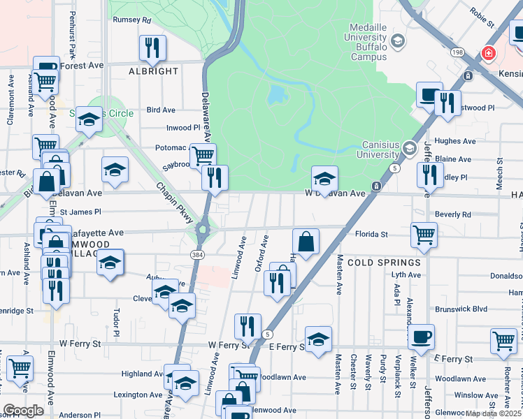 map of restaurants, bars, coffee shops, grocery stores, and more near 210 Oxford Avenue in Buffalo