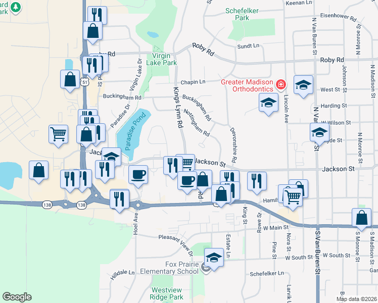 map of restaurants, bars, coffee shops, grocery stores, and more near 1716 Jackson Street in Stoughton