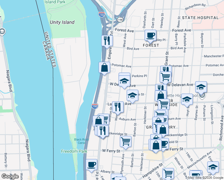 map of restaurants, bars, coffee shops, grocery stores, and more near 35 Penfield Street in Buffalo