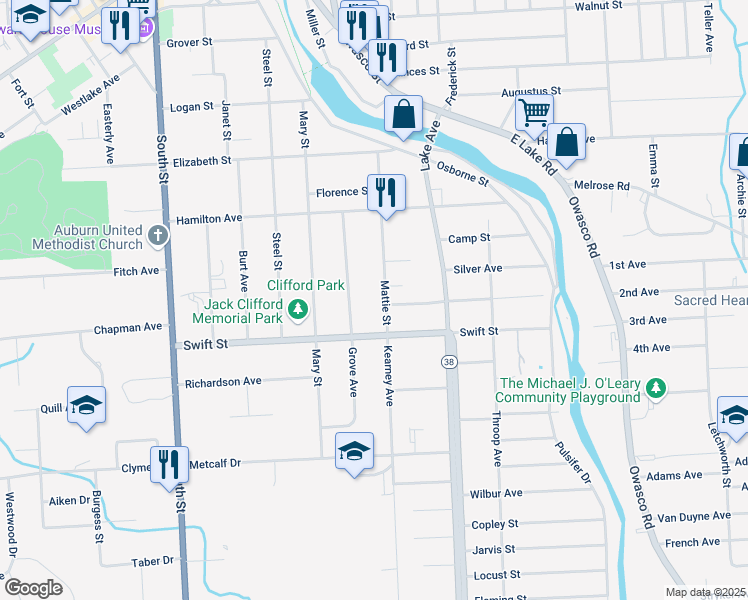 map of restaurants, bars, coffee shops, grocery stores, and more near 44 Grove Avenue in Auburn