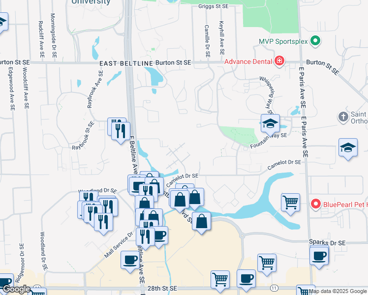 map of restaurants, bars, coffee shops, grocery stores, and more near 3592 Greenview Court Southeast in Grand Rapids