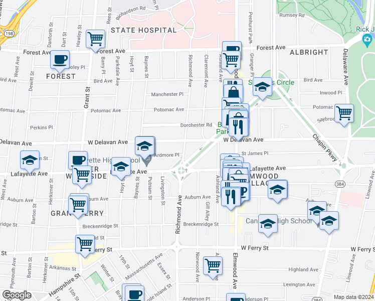 map of restaurants, bars, coffee shops, grocery stores, and more near 667 Richmond Avenue in Buffalo