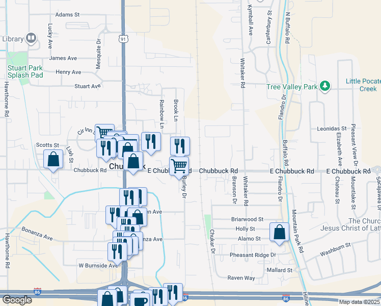 map of restaurants, bars, coffee shops, grocery stores, and more near 4860 Burley Drive in Pocatello