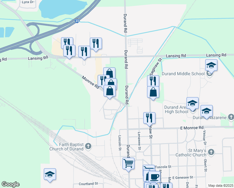 map of restaurants, bars, coffee shops, grocery stores, and more near 8883 East Monroe Street in Durand