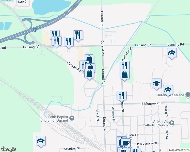 map of restaurants, bars, coffee shops, grocery stores, and more near 8883 East Monroe Street in Durand