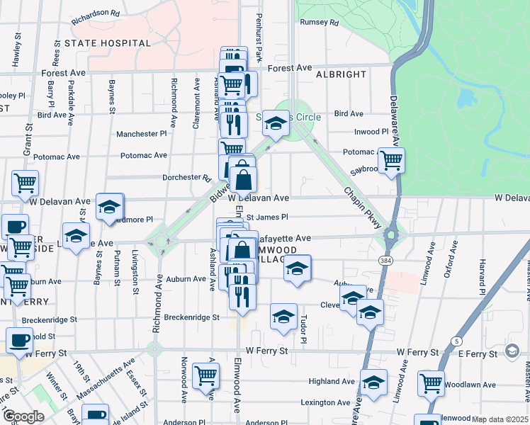 map of restaurants, bars, coffee shops, grocery stores, and more near 184 Saint James Place in Buffalo