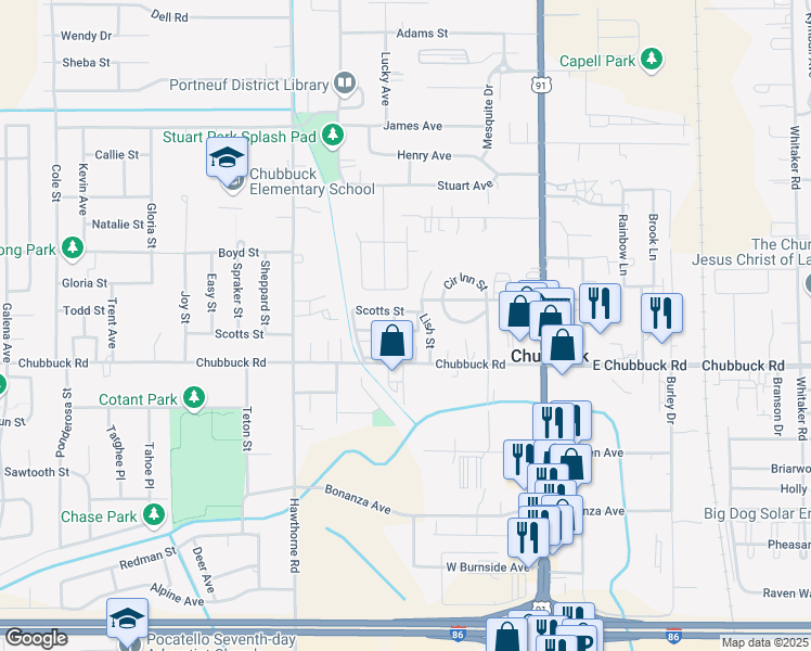 map of restaurants, bars, coffee shops, grocery stores, and more near 310 West Chubbuck Road in Pocatello