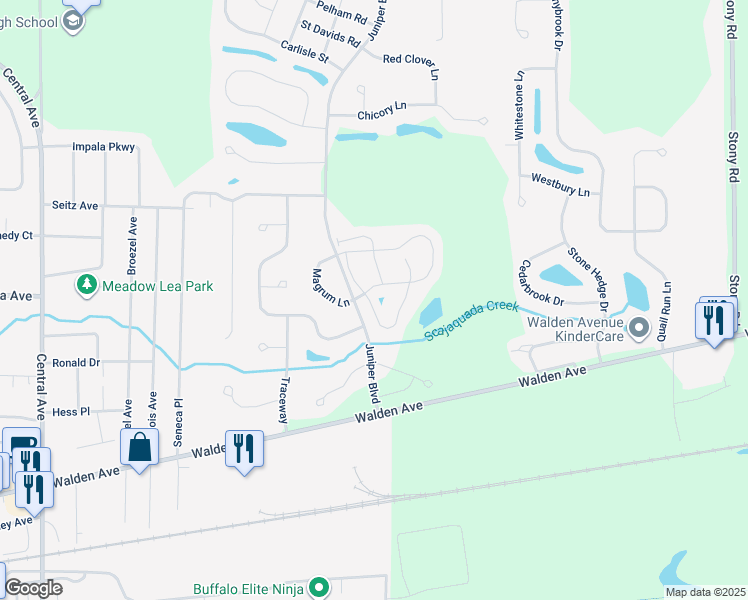 map of restaurants, bars, coffee shops, grocery stores, and more near 3830 Walden Avenue in Lancaster