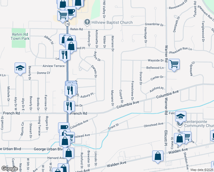 map of restaurants, bars, coffee shops, grocery stores, and more near 176 Argus Drive in Depew