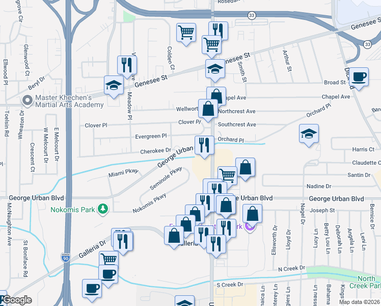 map of restaurants, bars, coffee shops, grocery stores, and more near 154 Seminole Parkway in Cheektowaga