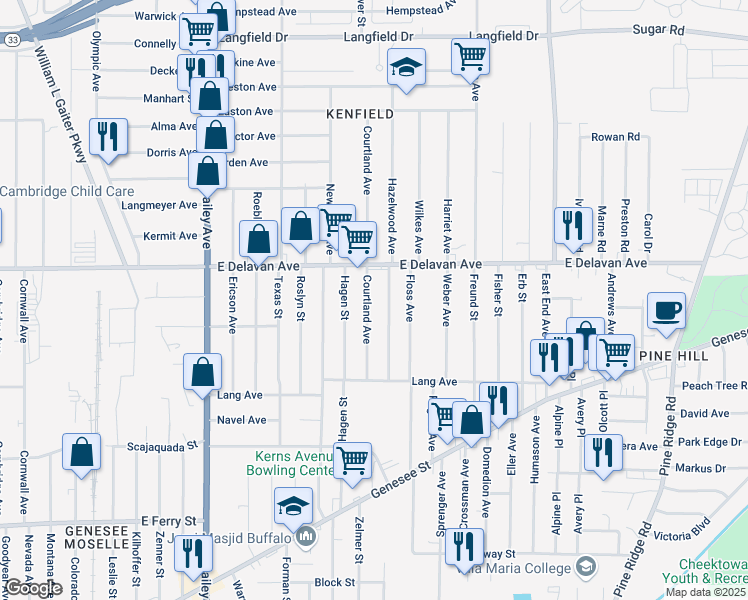 map of restaurants, bars, coffee shops, grocery stores, and more near 56 Courtland Avenue in Buffalo