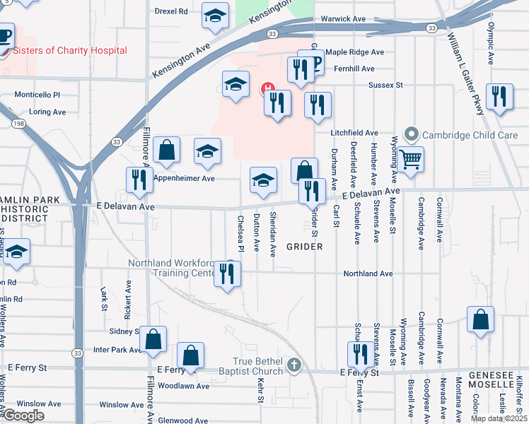map of restaurants, bars, coffee shops, grocery stores, and more near 233 Dutton Avenue in Buffalo