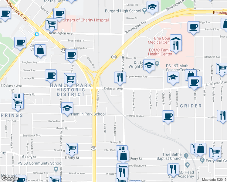 map of restaurants, bars, coffee shops, grocery stores, and more near 145 Mohican Avenue in Buffalo