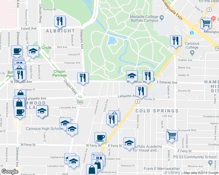 map of restaurants, bars, coffee shops, grocery stores, and more near 210 Oxford Avenue in Buffalo