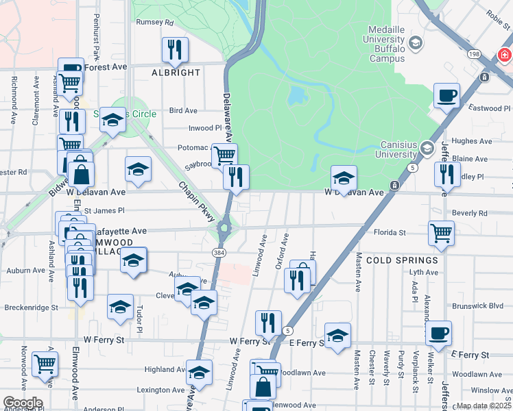 map of restaurants, bars, coffee shops, grocery stores, and more near 684 Linwood Avenue in Buffalo