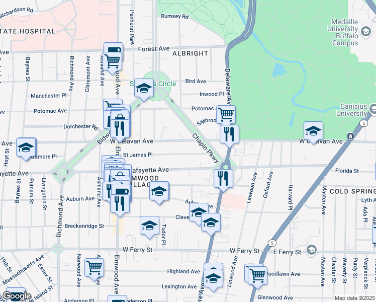 map of restaurants, bars, coffee shops, grocery stores, and more near 62 Saint James Place in Buffalo
