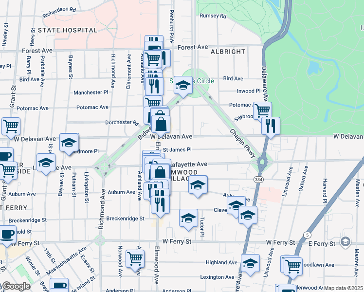 map of restaurants, bars, coffee shops, grocery stores, and more near 142 Saint James Place in Buffalo