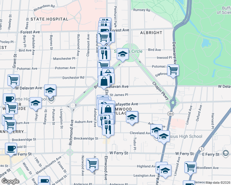 map of restaurants, bars, coffee shops, grocery stores, and more near 184 Saint James Place in Buffalo