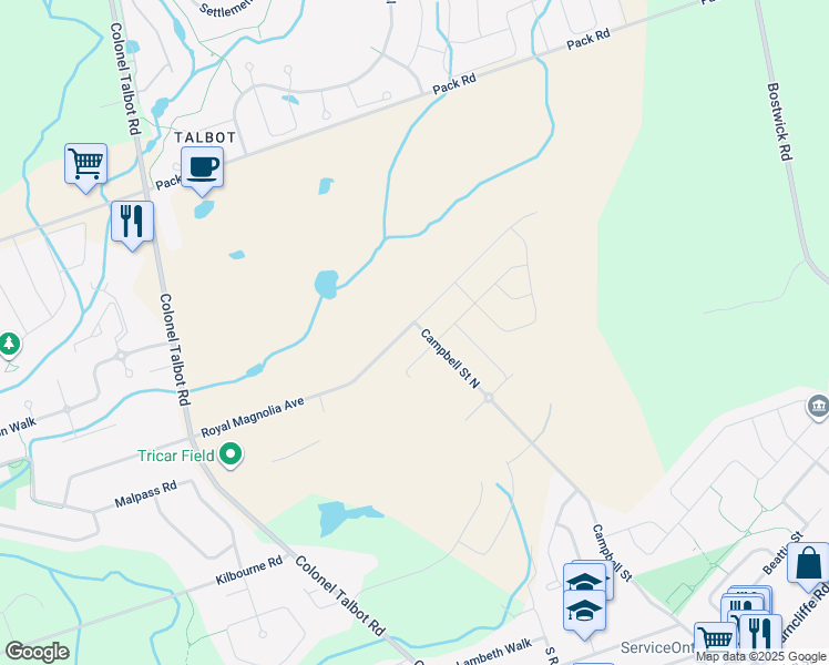 map of restaurants, bars, coffee shops, grocery stores, and more near 3832 Colonel Talbot Road in London