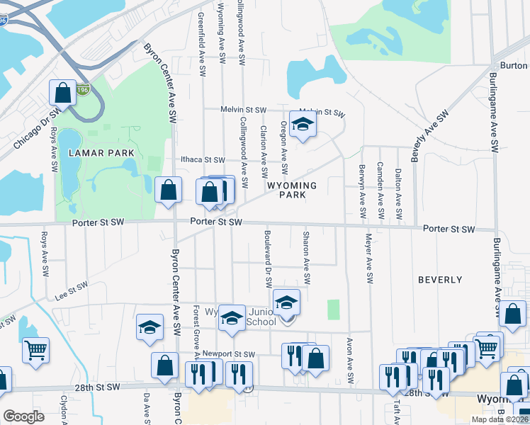 map of restaurants, bars, coffee shops, grocery stores, and more near 2410 Boulevard Drive Southwest in Wyoming