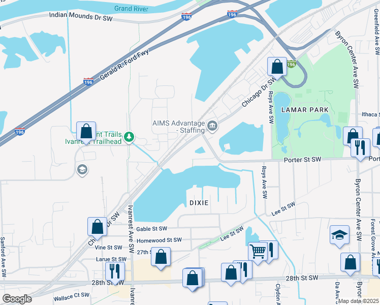 map of restaurants, bars, coffee shops, grocery stores, and more near 2933 Porter Court Southwest in Grandville