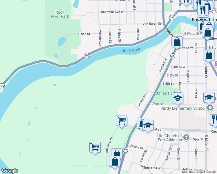 map of restaurants, bars, coffee shops, grocery stores, and more near 744 Jones Avenue in Fort Atkinson