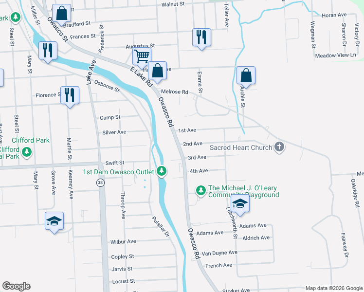 map of restaurants, bars, coffee shops, grocery stores, and more near 7282 Owasco Road in Auburn