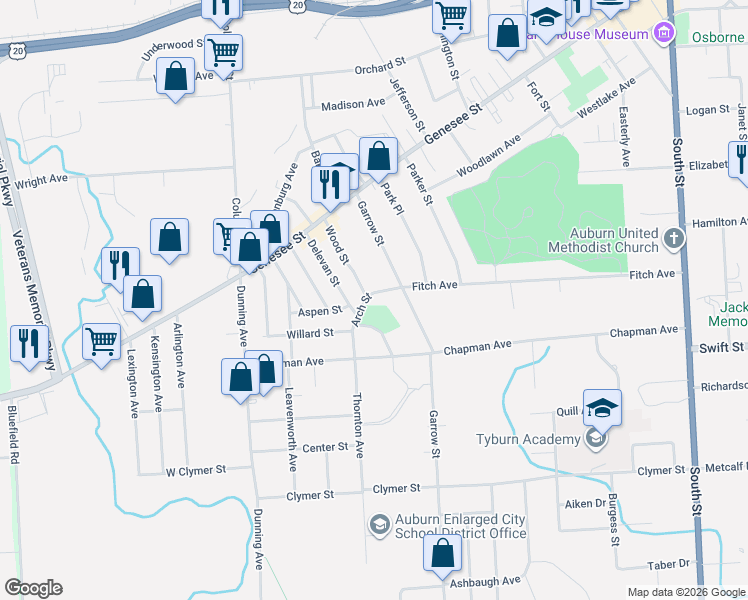map of restaurants, bars, coffee shops, grocery stores, and more near 12 Arch Street in Auburn