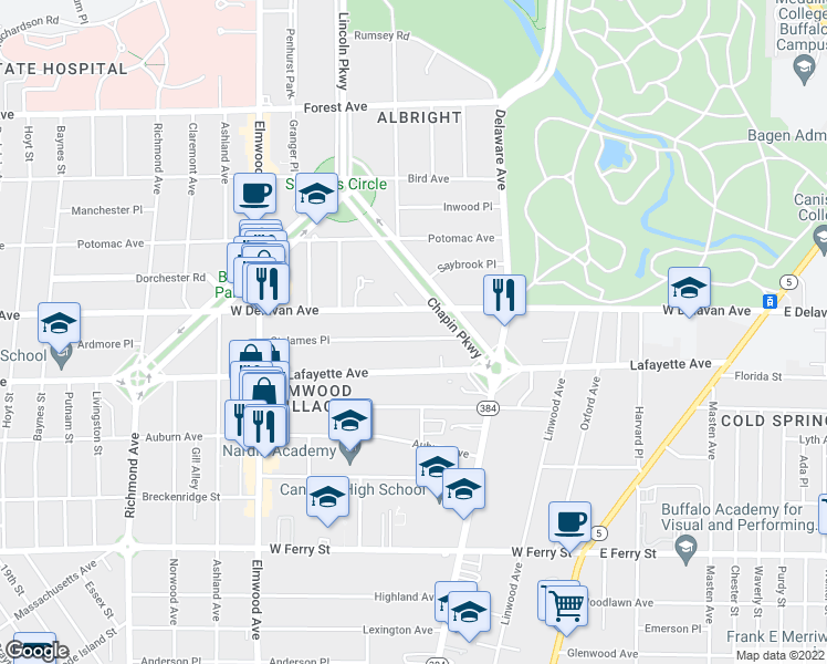 map of restaurants, bars, coffee shops, grocery stores, and more near 45 Saint James Place in Buffalo