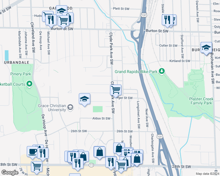 map of restaurants, bars, coffee shops, grocery stores, and more near 2325 Clyde Park Avenue Southwest in Wyoming