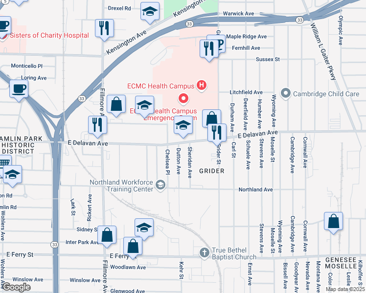 map of restaurants, bars, coffee shops, grocery stores, and more near 671 East Delavan Avenue in Buffalo