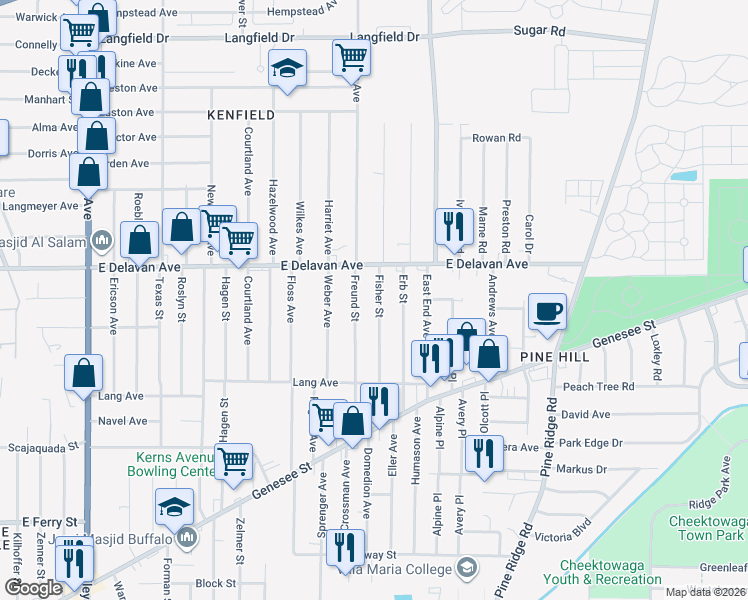 map of restaurants, bars, coffee shops, grocery stores, and more near 119 Fisher Street in Buffalo