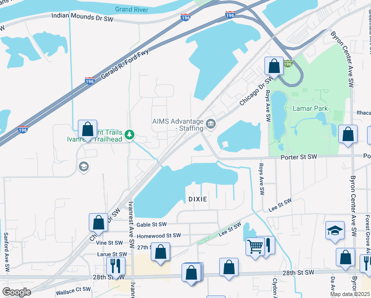 map of restaurants, bars, coffee shops, grocery stores, and more near 2872 Porter Street Southwest in Grandville