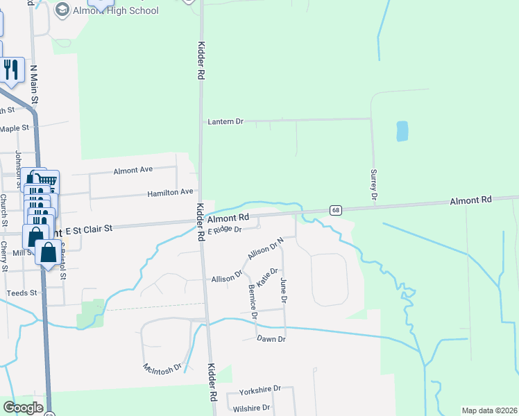 map of restaurants, bars, coffee shops, grocery stores, and more near 7860 Almont Road in Almont