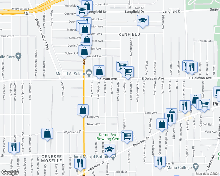 map of restaurants, bars, coffee shops, grocery stores, and more near 236 Roslyn Street in Buffalo