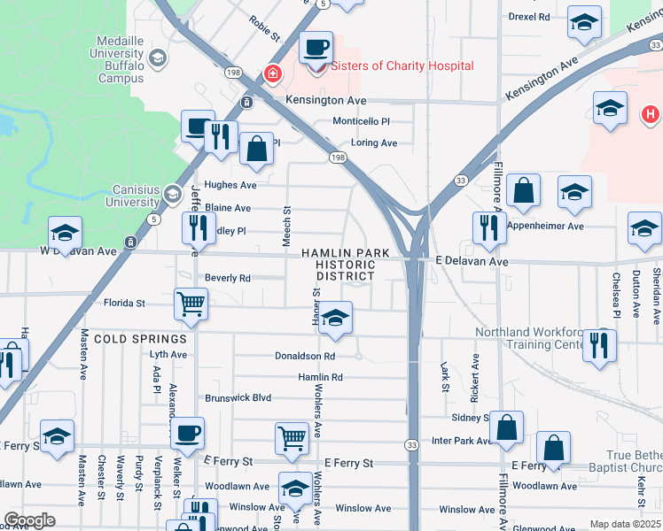 map of restaurants, bars, coffee shops, grocery stores, and more near 59 Hager Street in Buffalo
