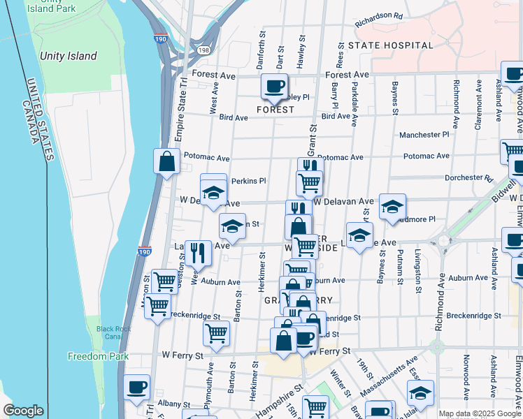 map of restaurants, bars, coffee shops, grocery stores, and more near 303 Herkimer Street in Buffalo