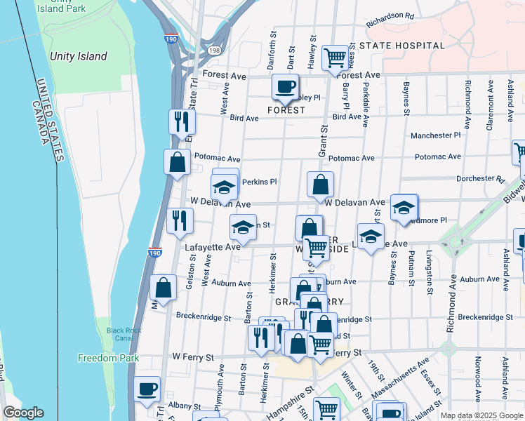 map of restaurants, bars, coffee shops, grocery stores, and more near 29 Helen Street in Buffalo
