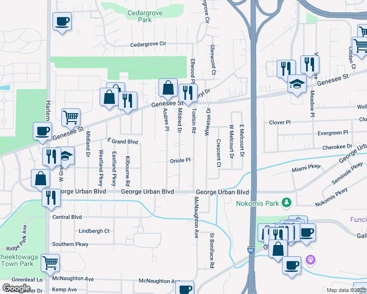 map of restaurants, bars, coffee shops, grocery stores, and more near 127 Mildred Drive in Buffalo
