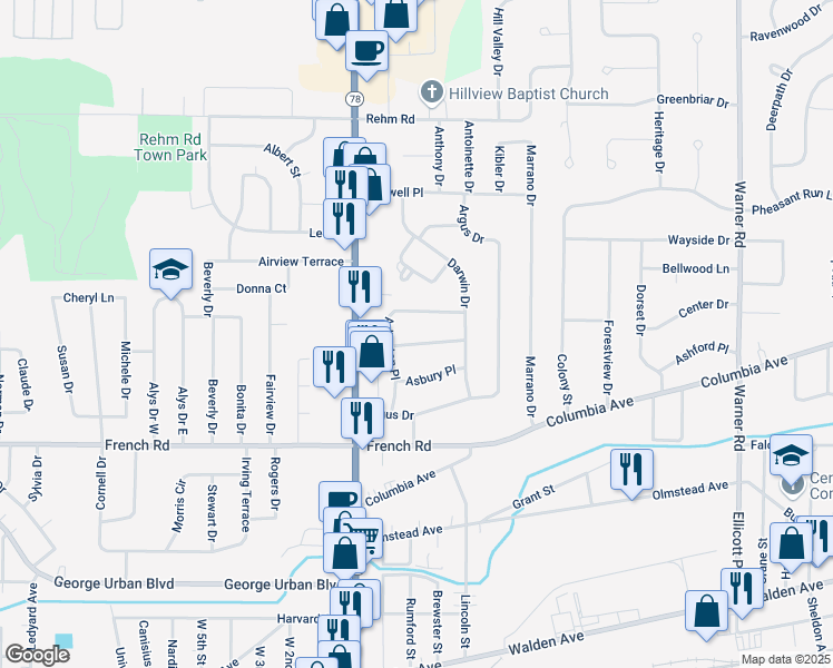 map of restaurants, bars, coffee shops, grocery stores, and more near 136 Arlington Place in Depew