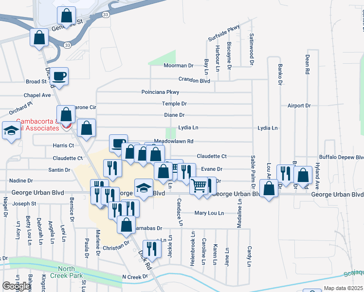 map of restaurants, bars, coffee shops, grocery stores, and more near 214 Meadowlawn Road in Buffalo