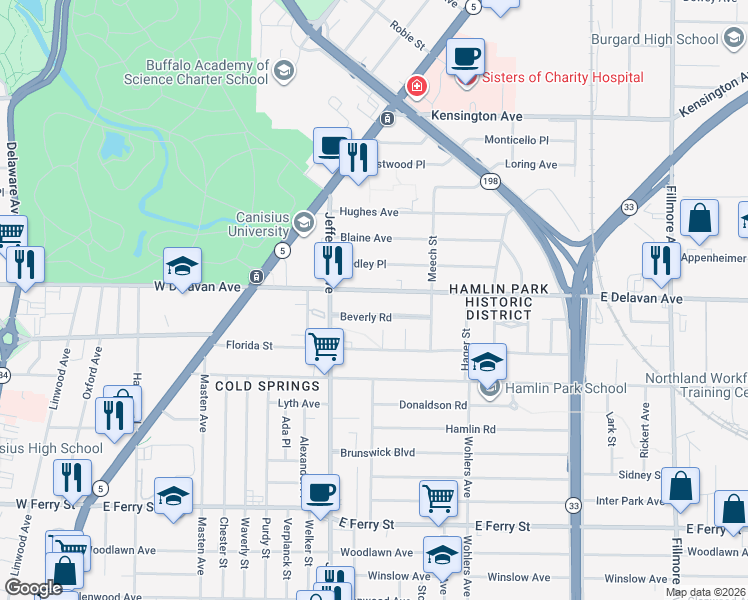 map of restaurants, bars, coffee shops, grocery stores, and more near 138 East Delavan Avenue in Buffalo