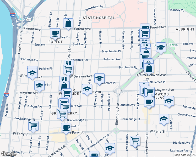 map of restaurants, bars, coffee shops, grocery stores, and more near 257 Baynes Street in Buffalo