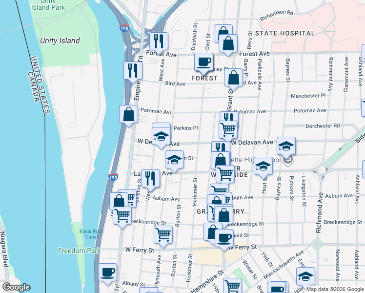 map of restaurants, bars, coffee shops, grocery stores, and more near 148 West Delavan Avenue in Buffalo