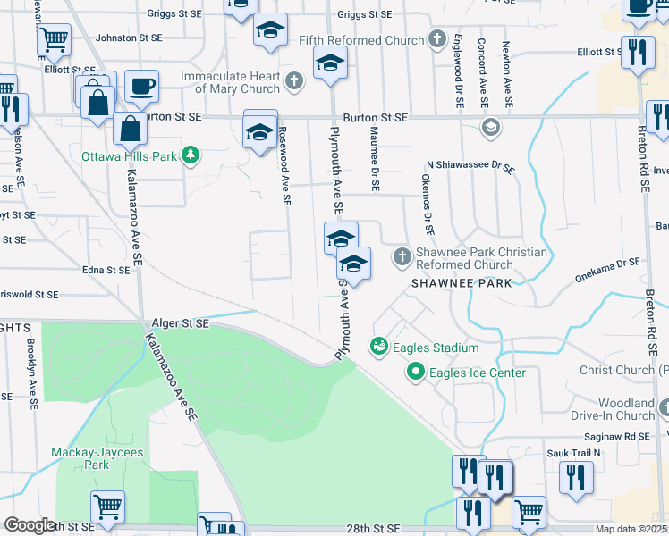 map of restaurants, bars, coffee shops, grocery stores, and more near 2242 Cambridge Drive Southeast in Grand Rapids