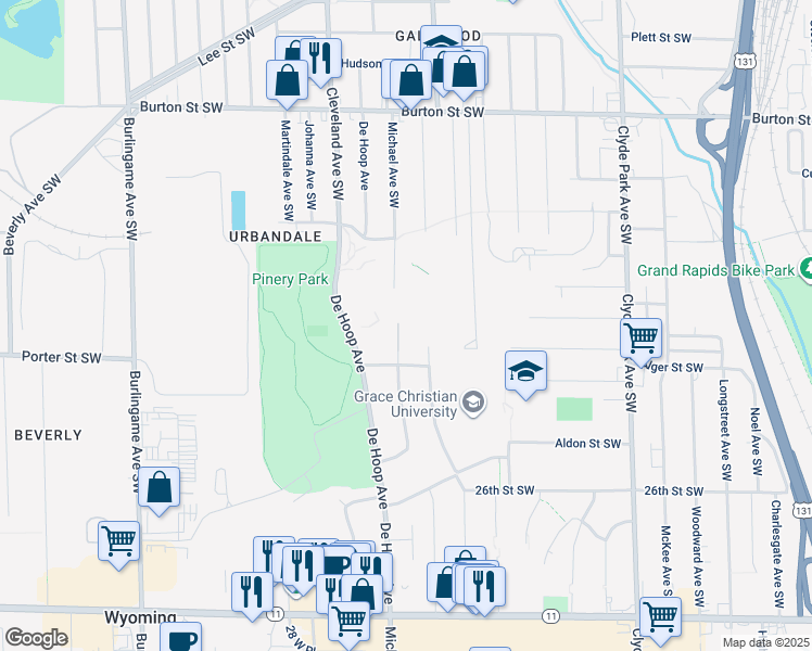 map of restaurants, bars, coffee shops, grocery stores, and more near 2223 Michael Avenue Southwest in Wyoming