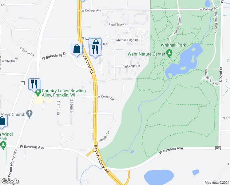 map of restaurants, bars, coffee shops, grocery stores, and more near 10524 West Cortez Circle in Franklin